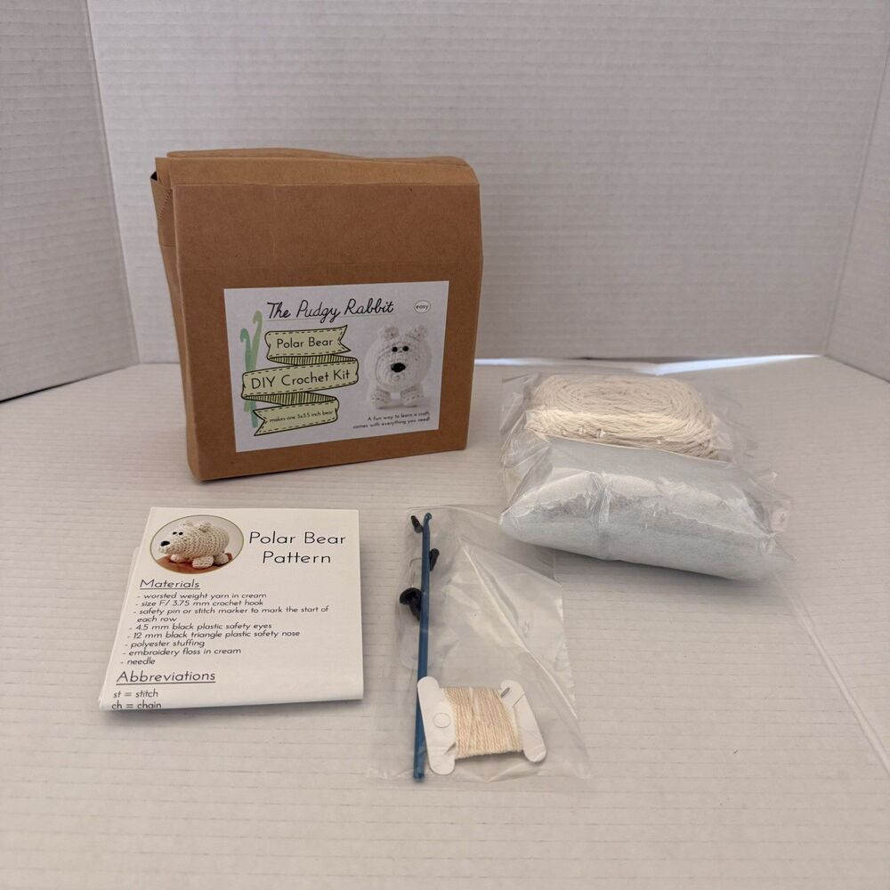 Unused Polar Bear DIY Crochet Kit by Pudgy Rabbit 3x3.5 inch Bear For Beginners